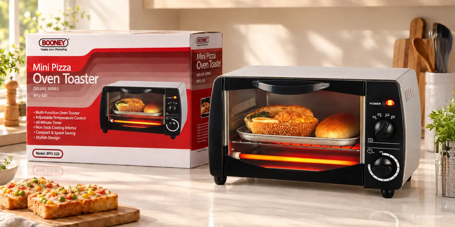 Booney mini pizza oven toaster packaging design by ADWOW, Singapore